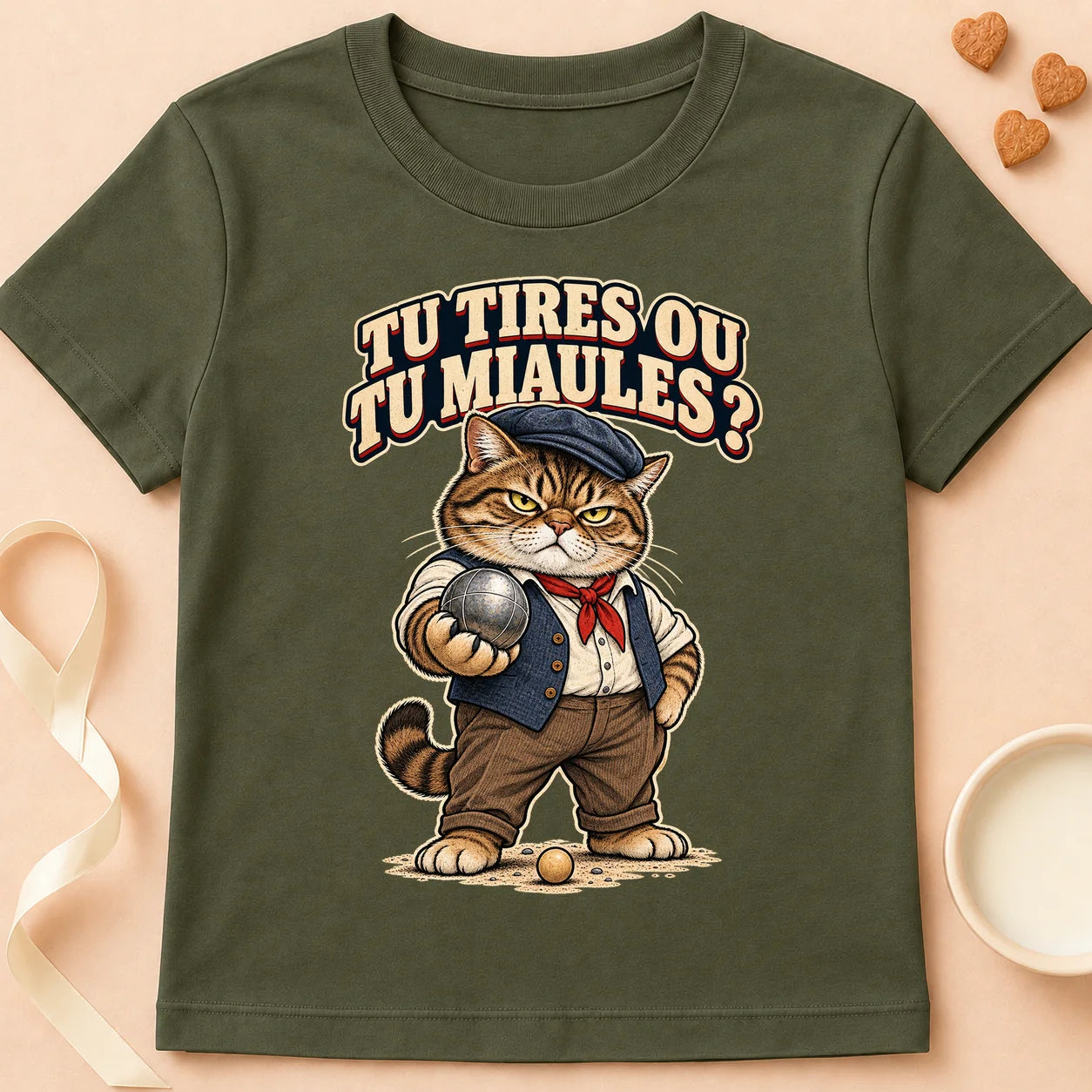 T-shirt chat Patoume – T-shirt Tu tires ou tu miaules – Vert kaki
