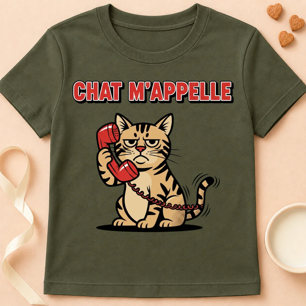 T-shirt chat Patoume – T-Shirt Appel – Vert kaki