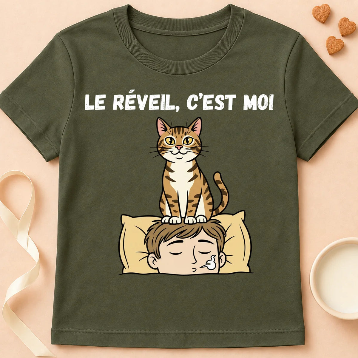 T-shirt chat Patoume – T-Shirt Réveil – Vert kaki