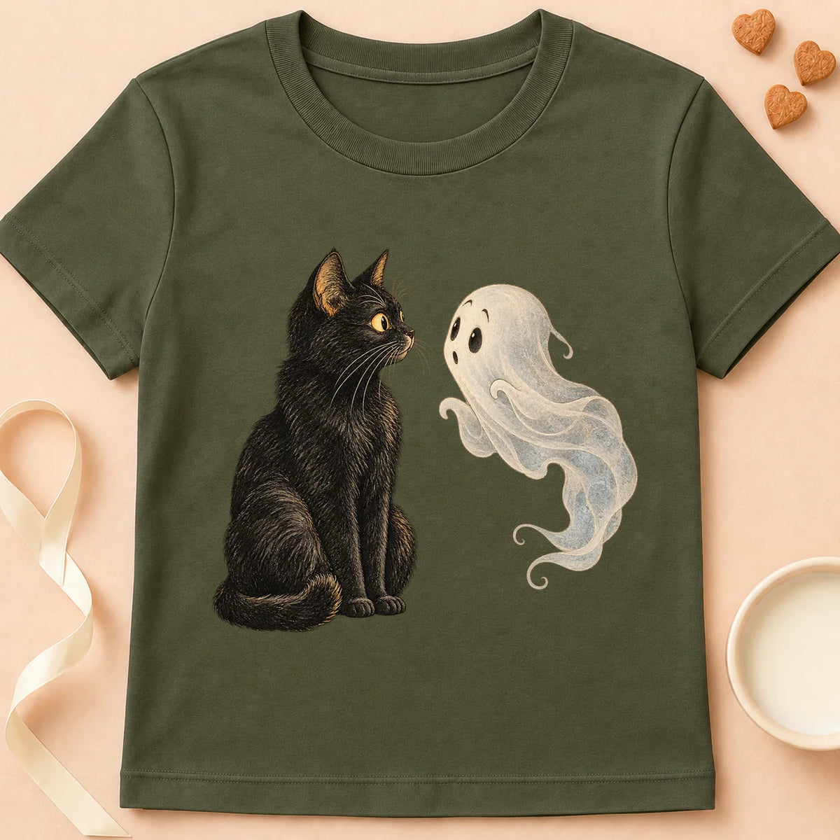 T-shirt chat Patoume – T-shirt Fantôme sous surveillance – Vert kaki