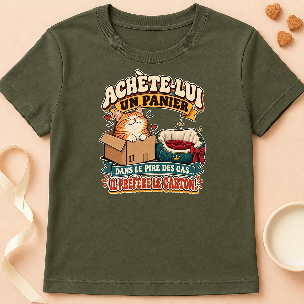 T-shirt chat Patoume – T-shirt Panier – Vert kaki