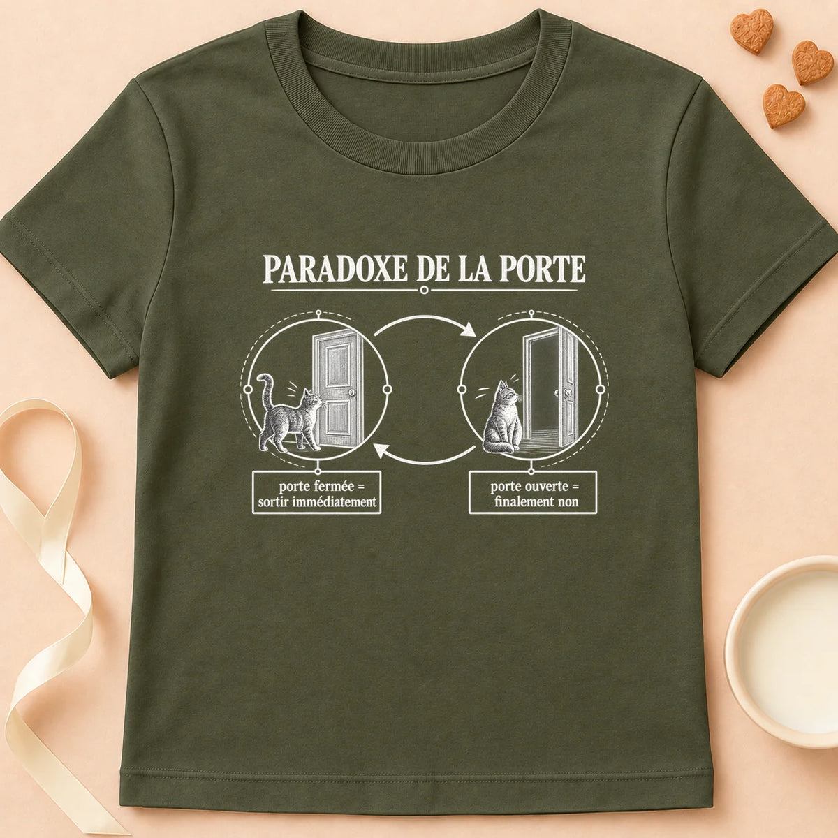 T-shirt chat Patoume – T-shirt Le dilemme du chat – Vert kaki