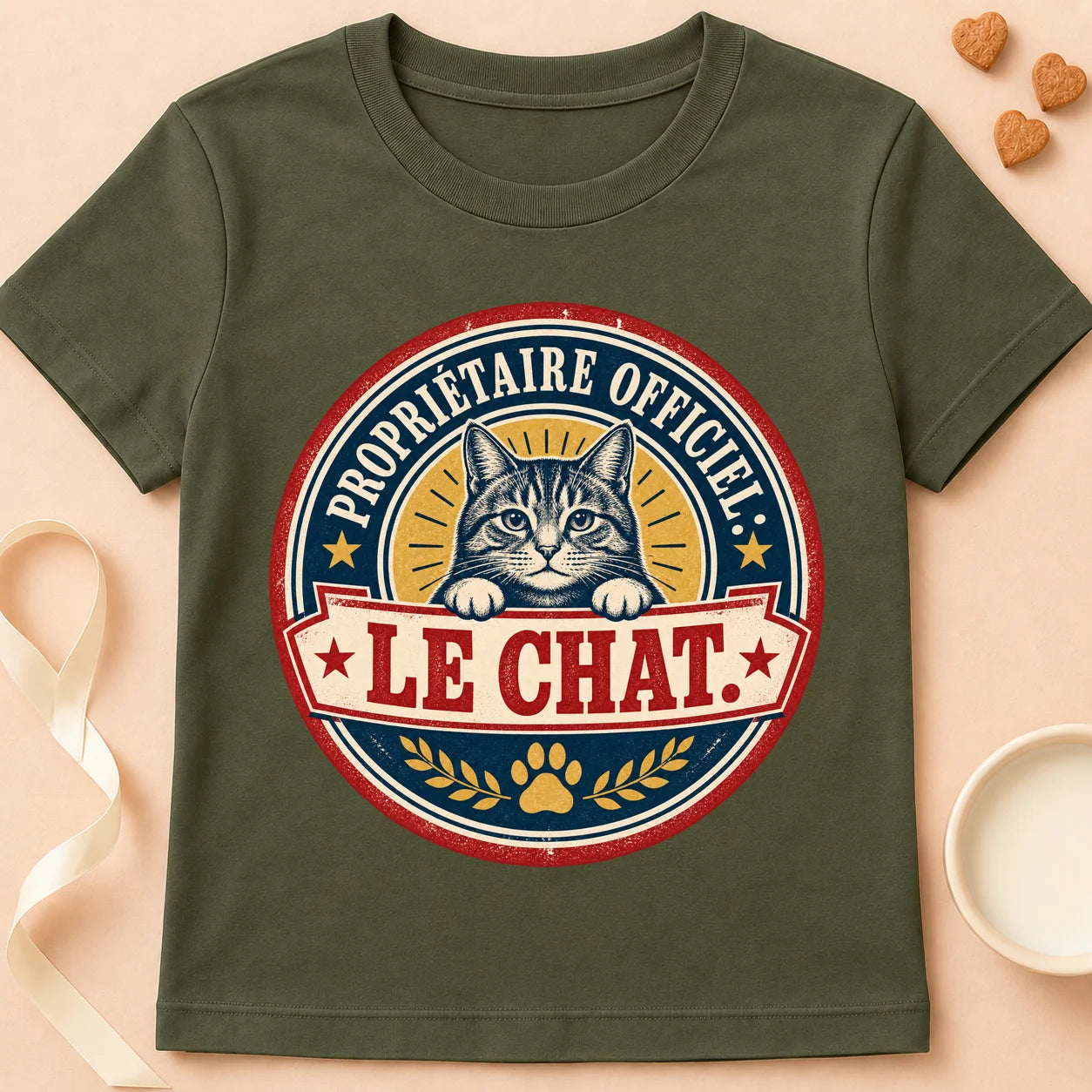 T-shirt chat Patoume – T-shirt Mon vrai propriétaire – Vert kaki