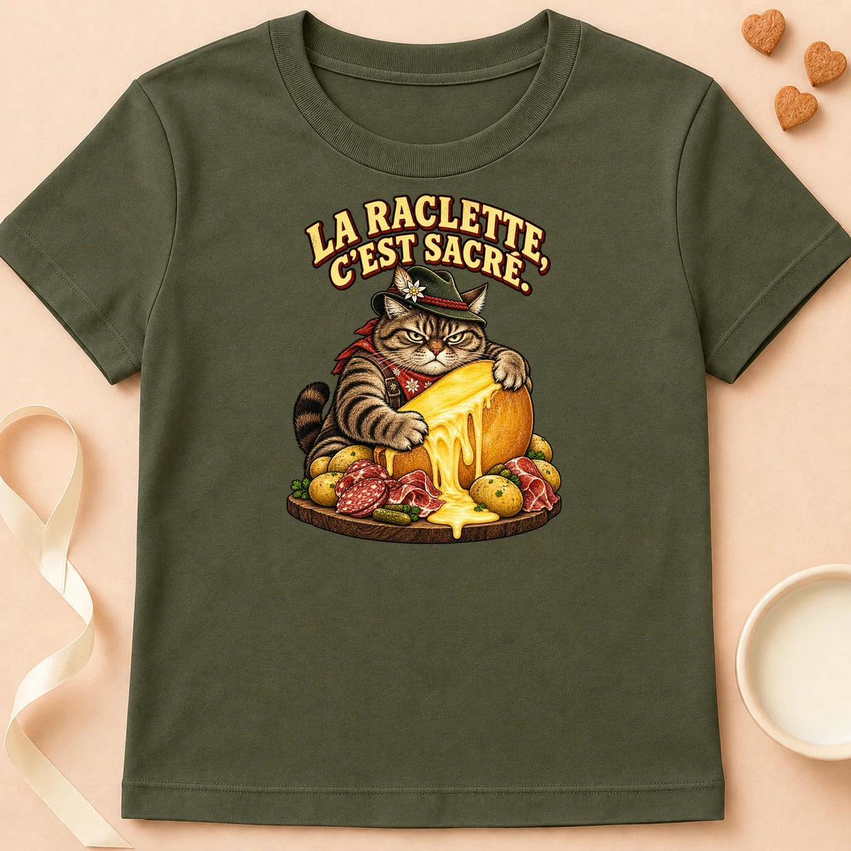 T-shirt chat Patoume – T-shirt Raclette – Vert kaki