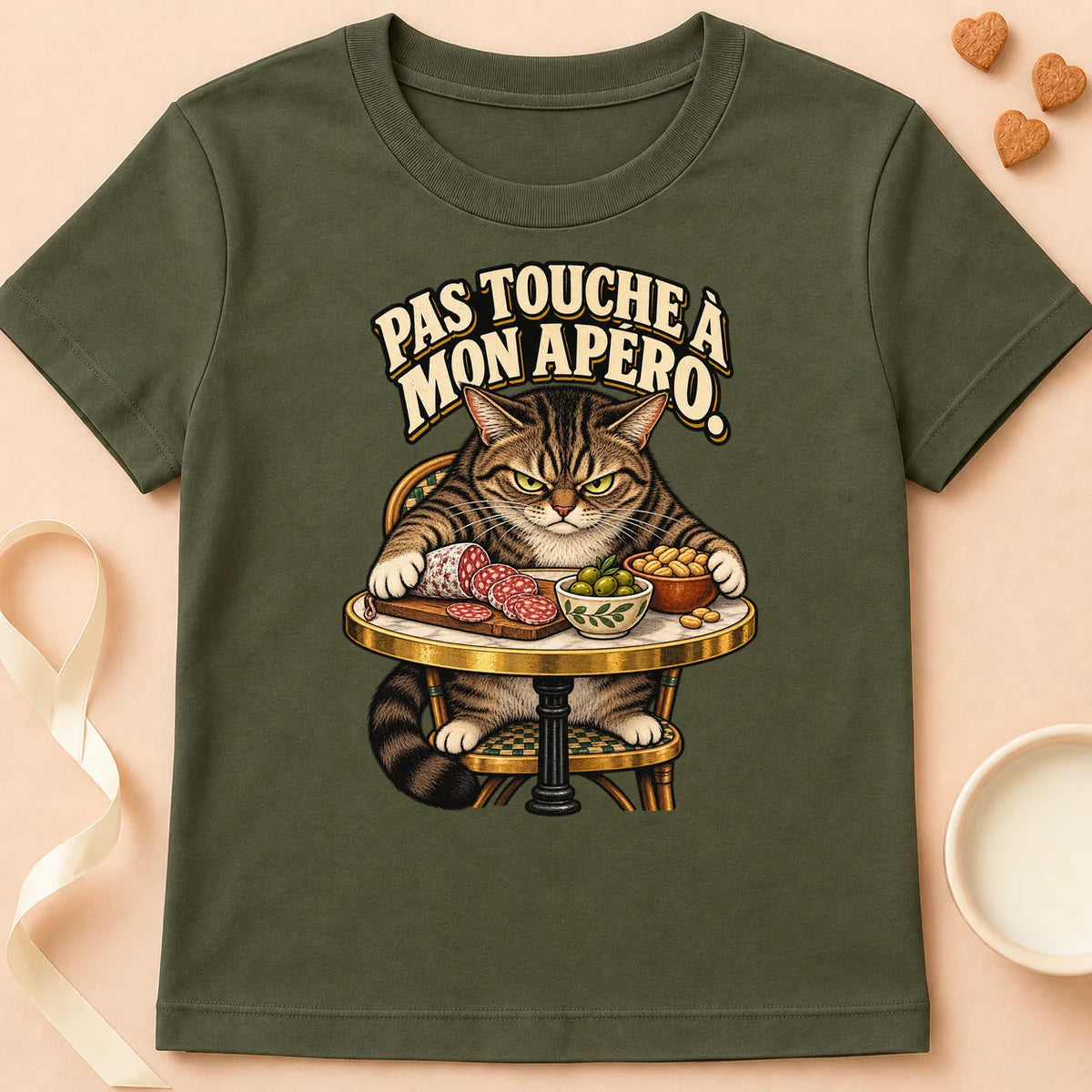 T-shirt chat Patoume – T-shirt Pas touche à mon apéro – Vert kaki