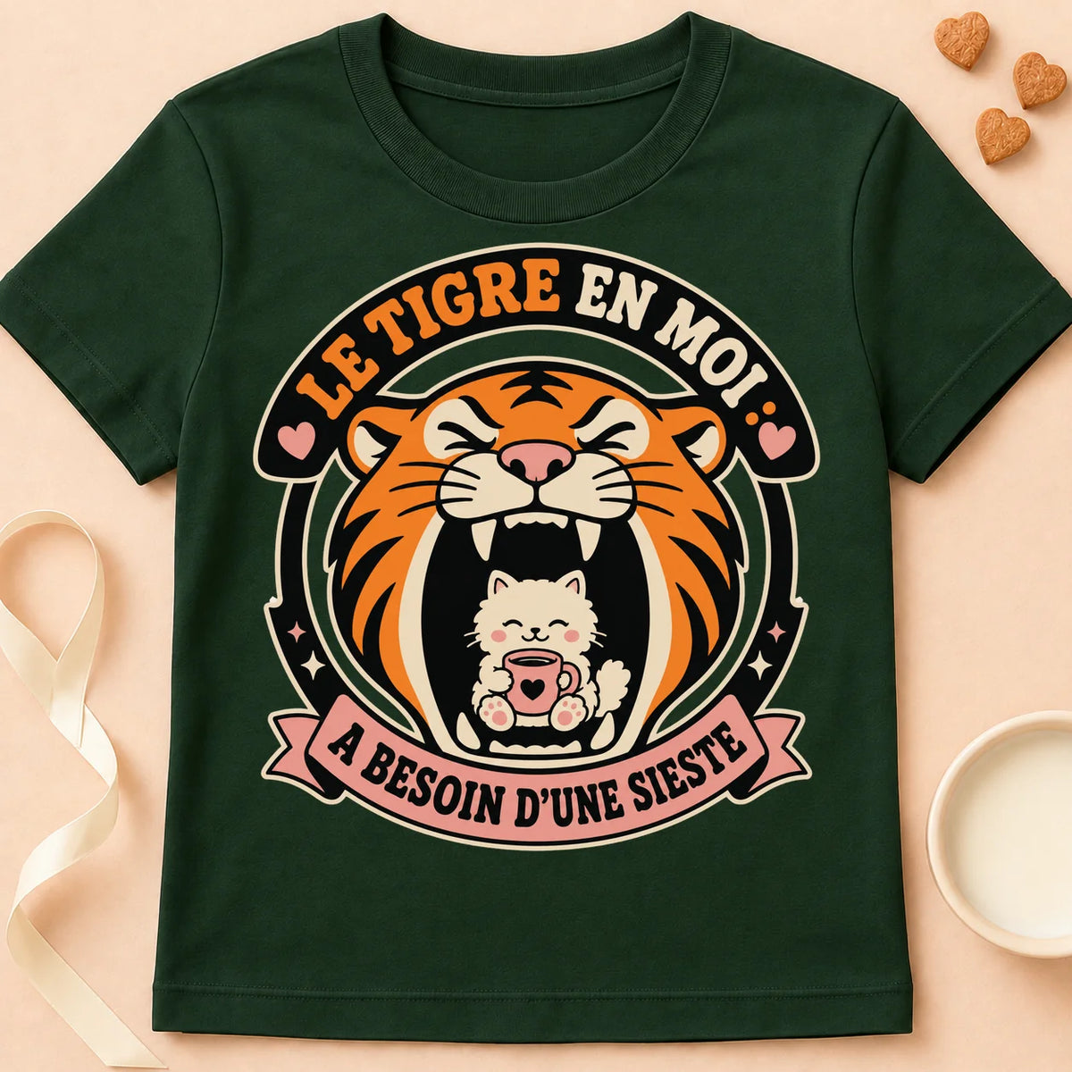 T-shirt chat Patoume – T-Shirt Sieste – Vert sapin