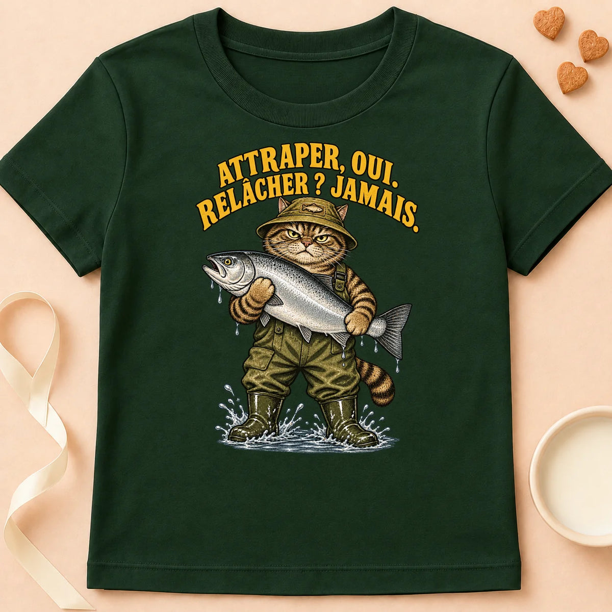 T-shirt chat Patoume – T-shirt Attraper oui, relâcher jamais – Vert sapin