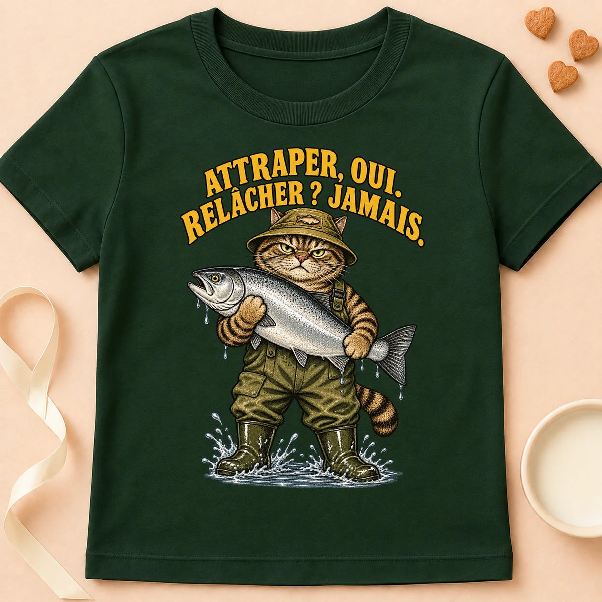 T-shirt chat Patoume – T-shirt Attraper oui, relâcher jamais – Vert sapin