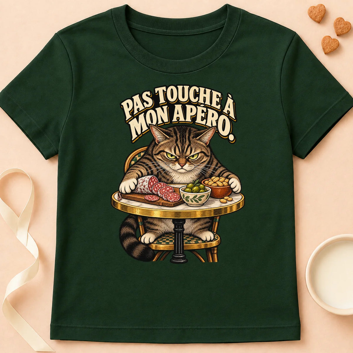 T-shirt chat Patoume – T-shirt Pas touche à mon apéro – Vert sapin