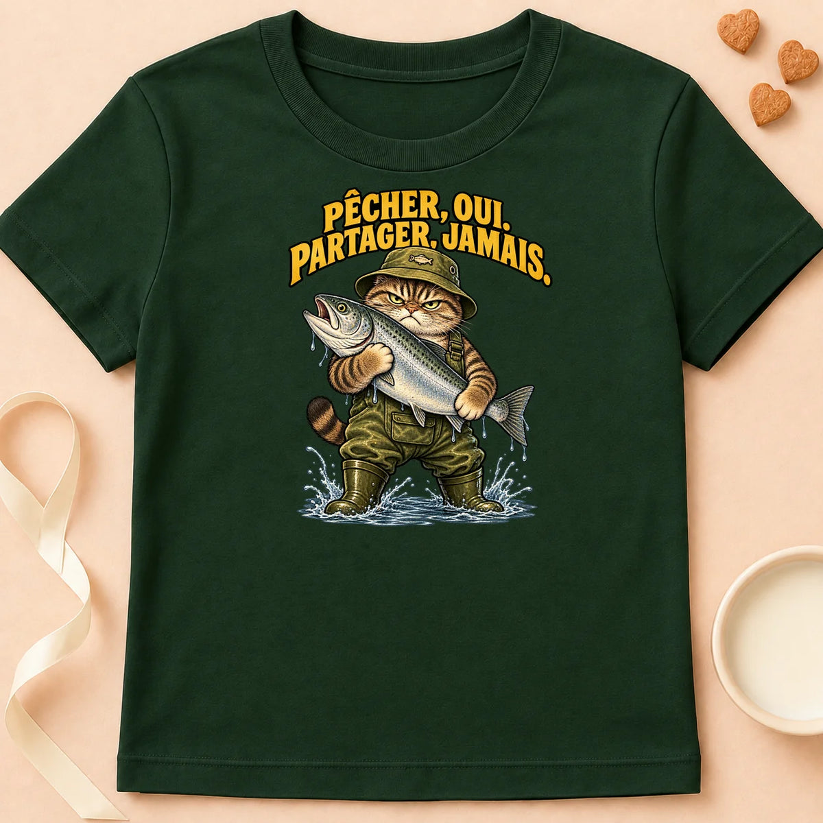 T-shirt chat Patoume – T-shirt Ne partage jamais – Vert sapin