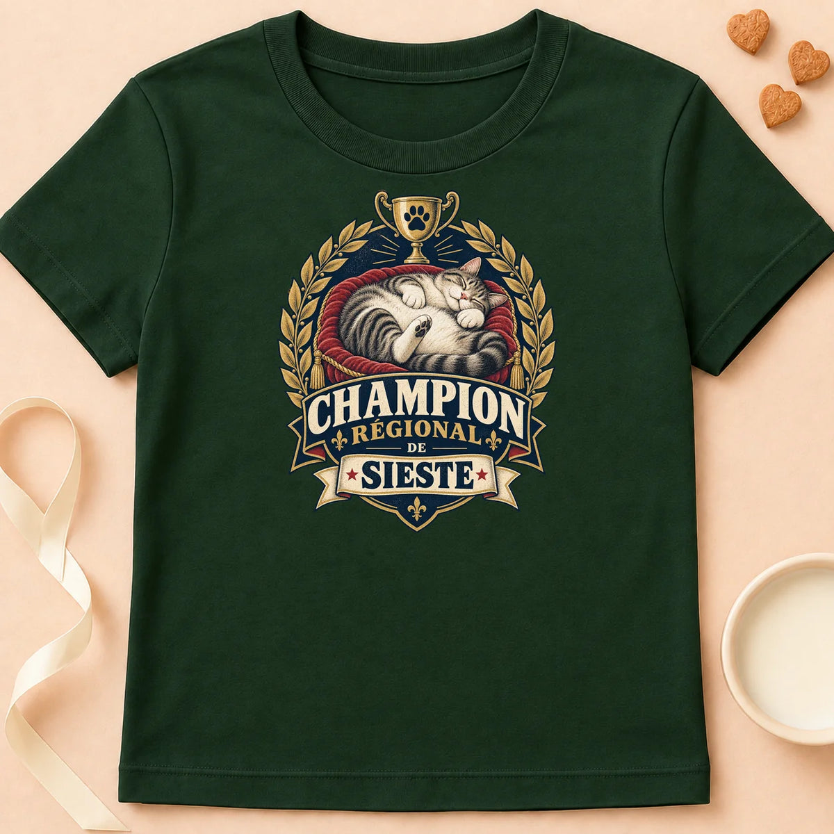T-shirt chat Patoume – T-shirt Champion sieste – Vert sapin