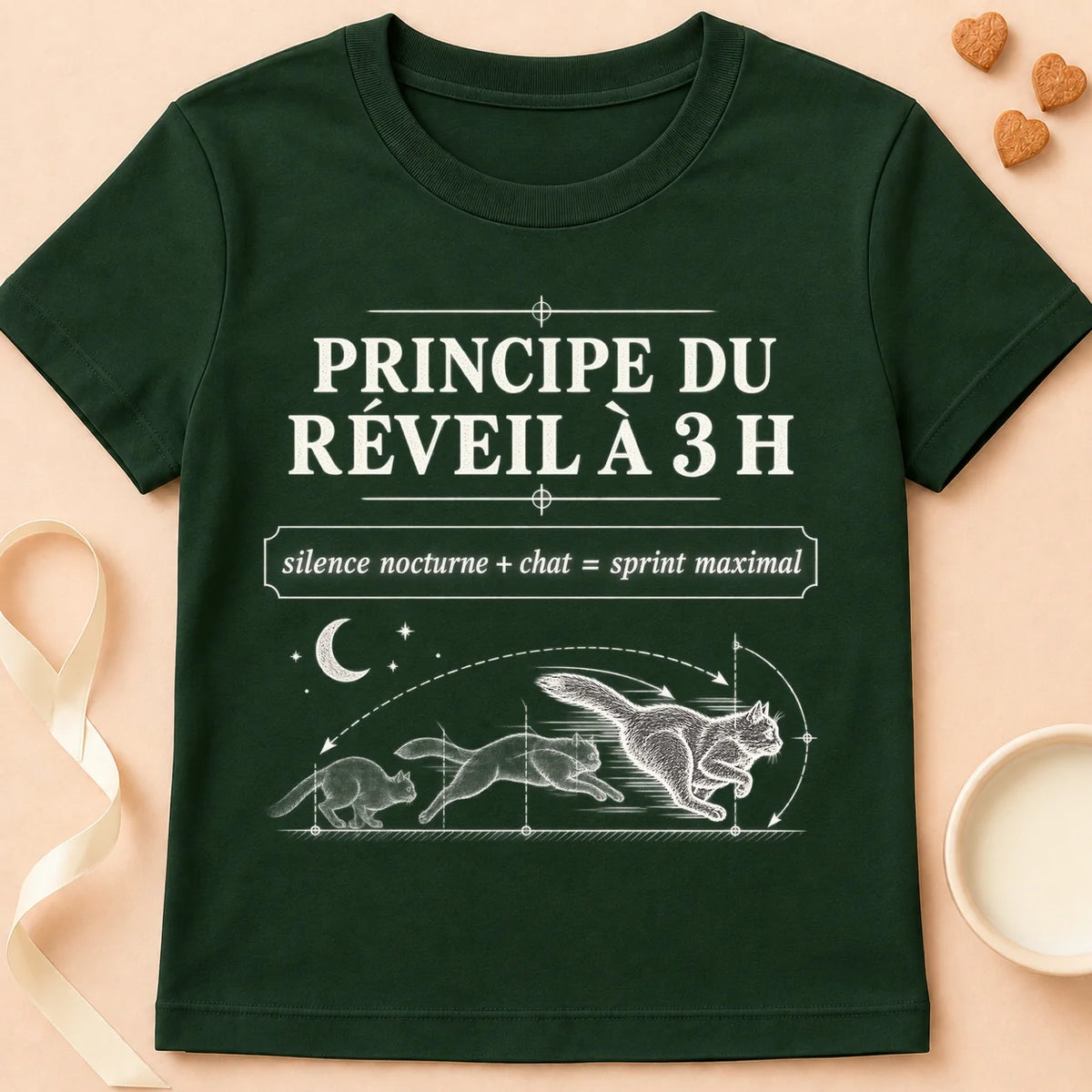 T-shirt chat Patoume – T-shirt Principe du réveil – Vert sapin