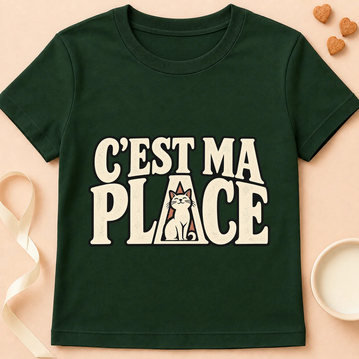 T-shirt chat Patoume – T-shirt C’est ma place – Vert sapin
