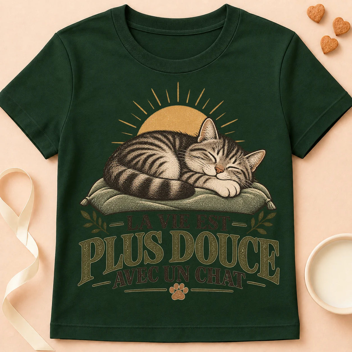 T-shirt chat Patoume – T-shirt Vie douce – Vert sapin
