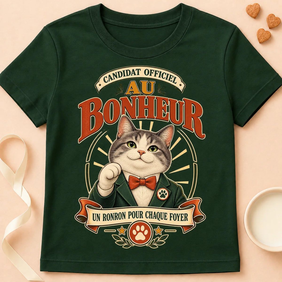 T-shirt chat Patoume – T-shirt Candidat au bonheur – Vert sapin