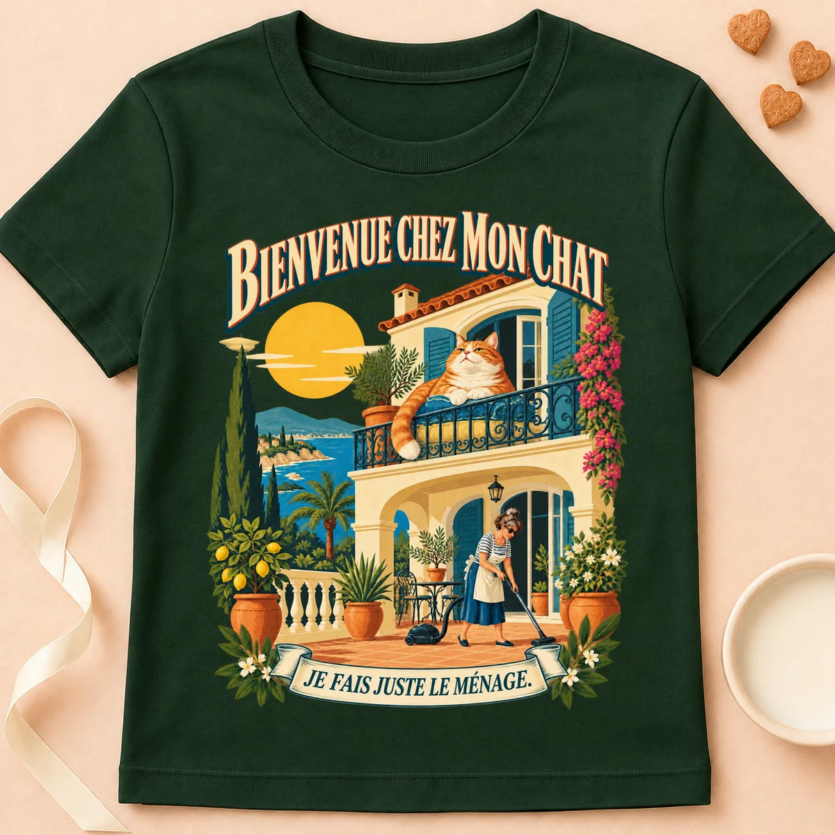 T-shirt chat Patoume – T-shirt C’est chez lui – Vert sapin