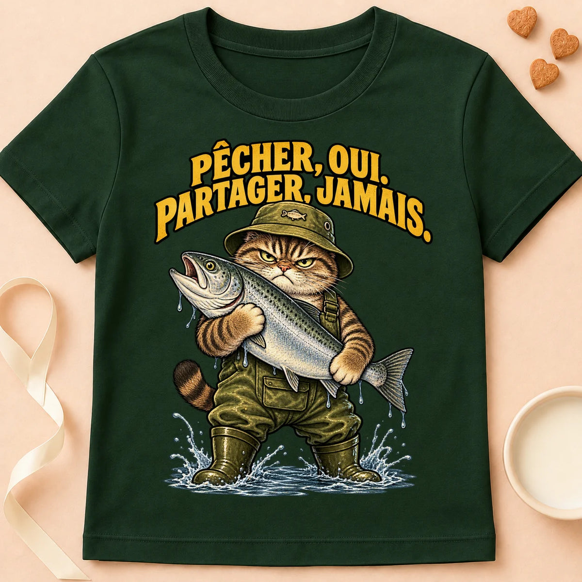 T-shirt chat Patoume – T-shirt Ne partage jamais – Vert sapin