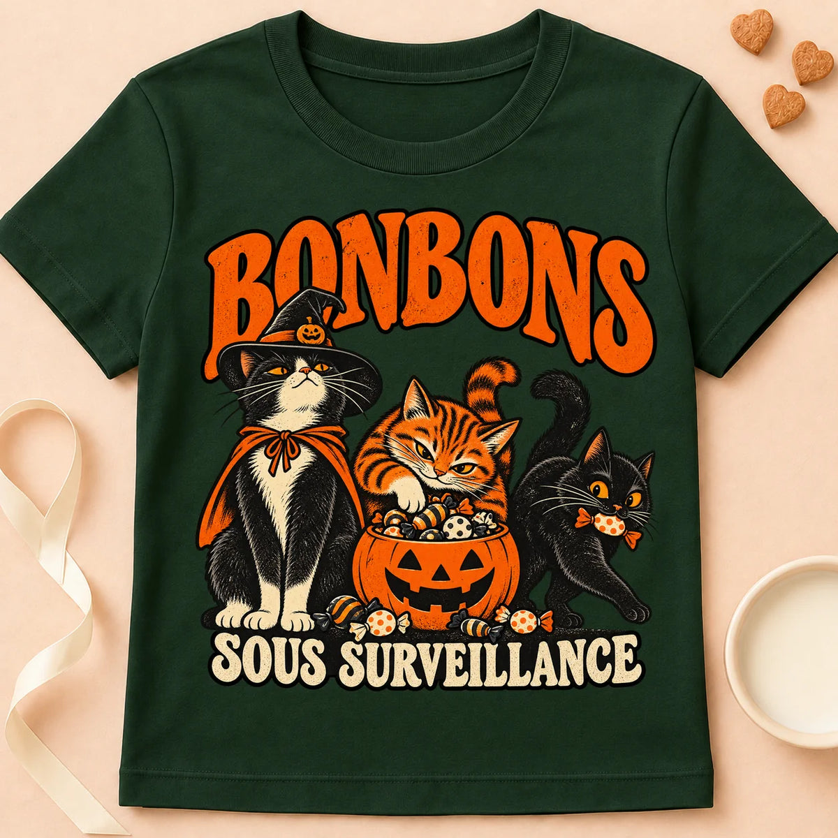 T-shirt chat Patoume – T-shirt Bonbons sous surveillance – Vert sapin