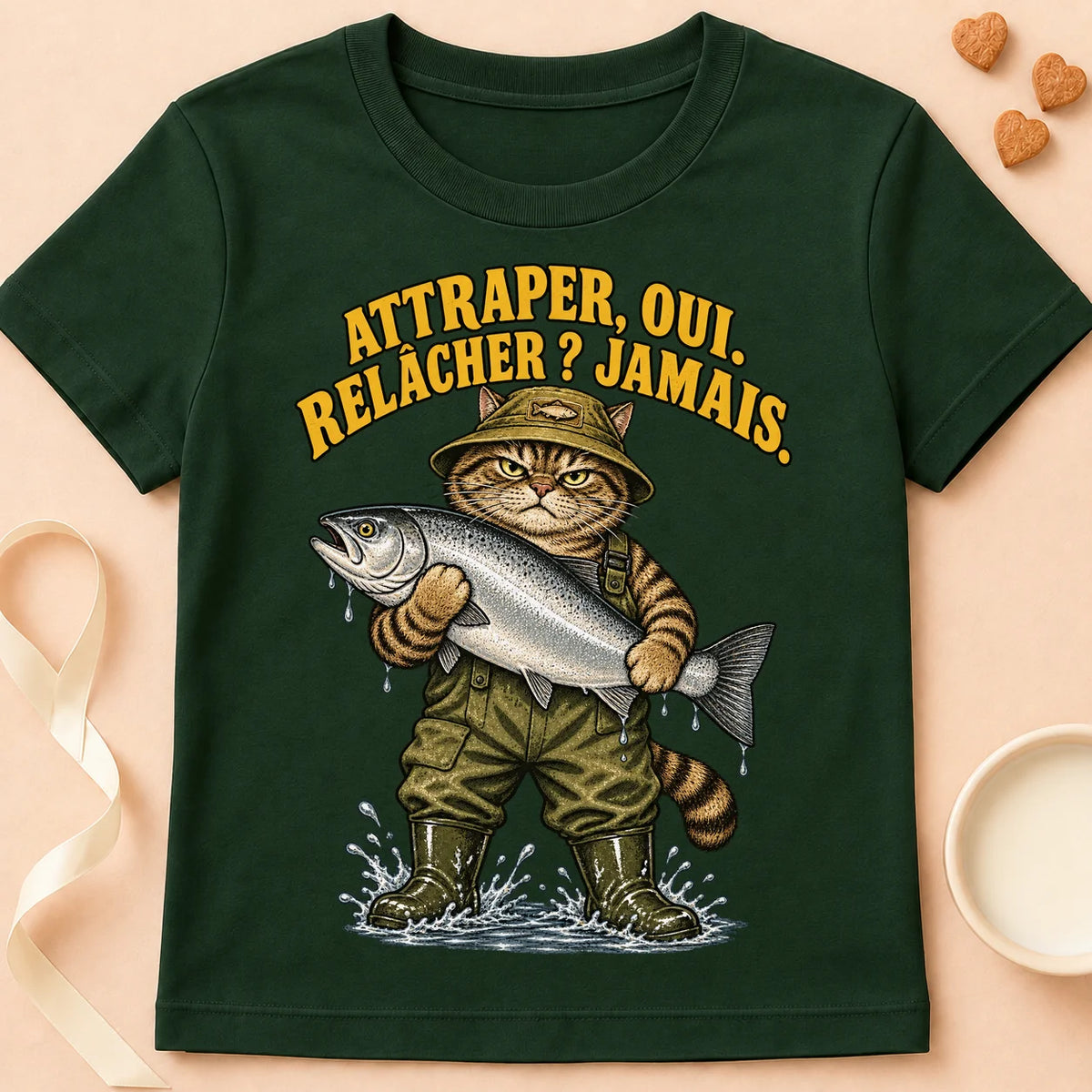 T-shirt chat Patoume – T-shirt Attraper oui, relâcher jamais – Vert sapin