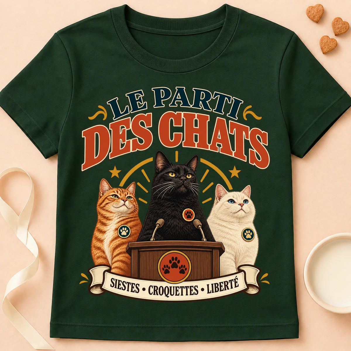 T-shirt chat Patoume – T-shirt Parti des chats – Vert sapin