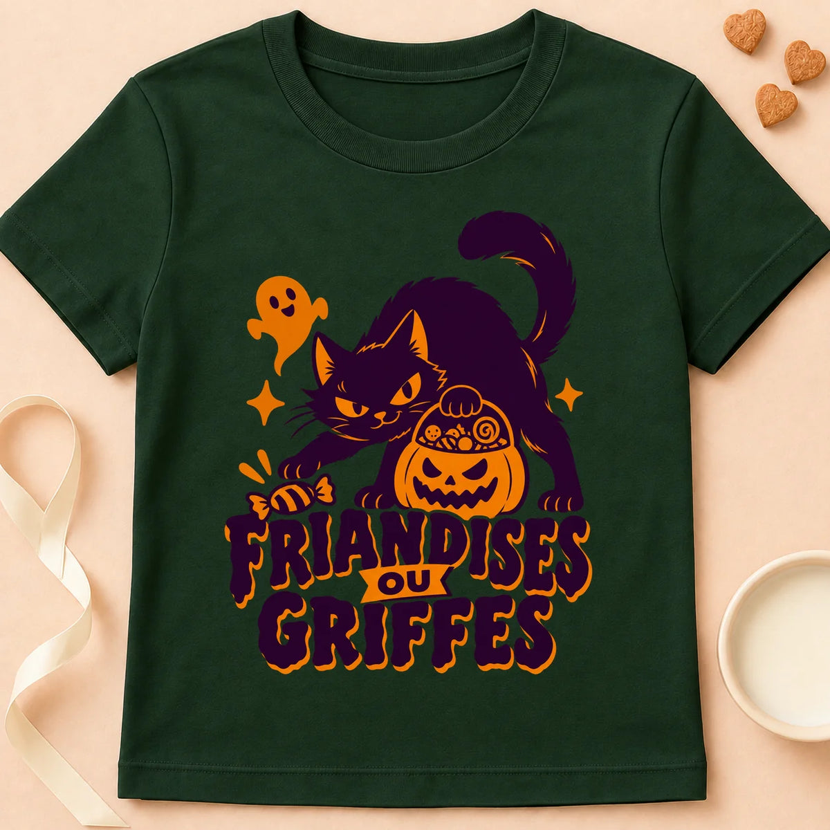 T-shirt chat Patoume – T-shirt Friandises ou griffes – Vert sapin