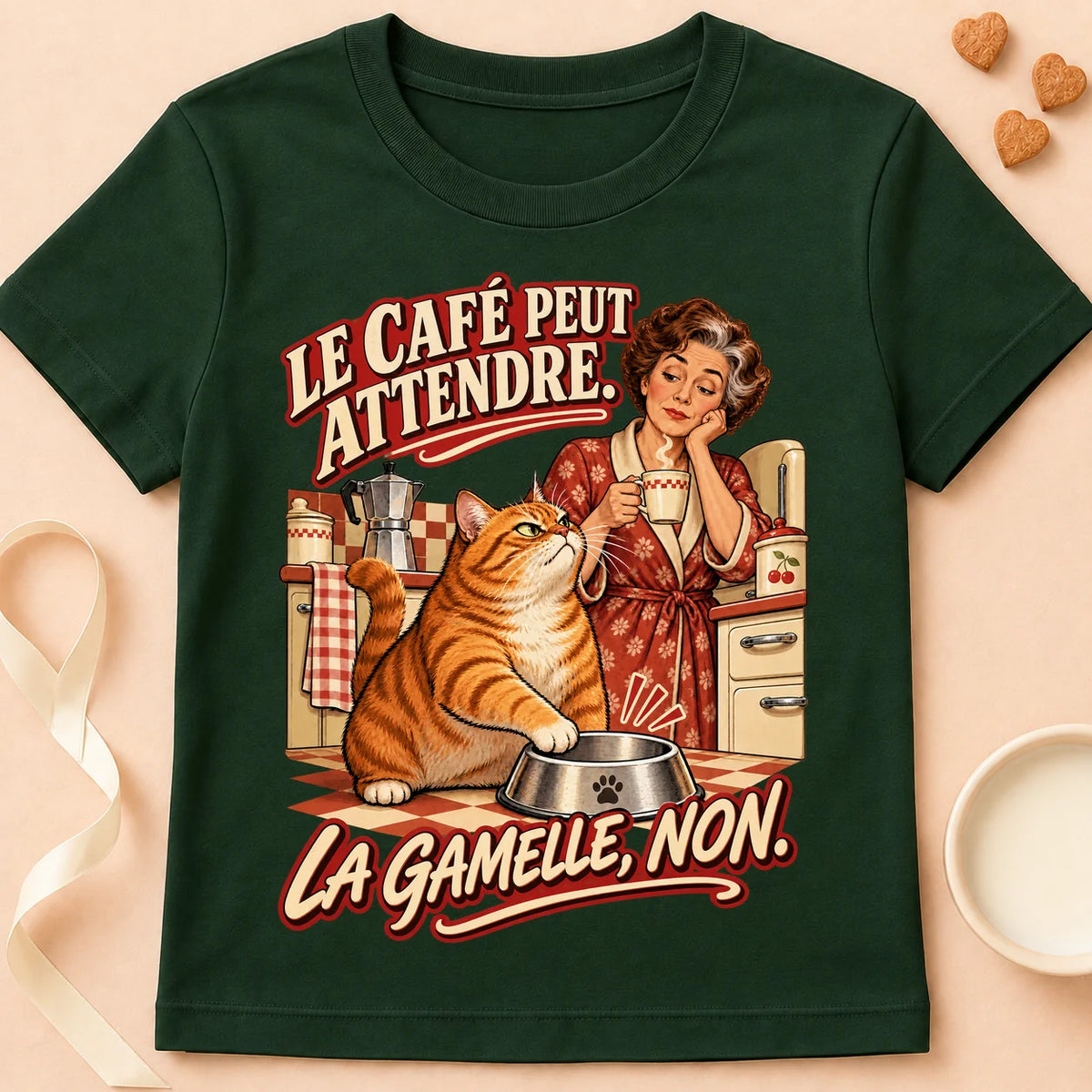 T-shirt chat Patoume – T-shirt La gamelle d’abord – Vert sapin