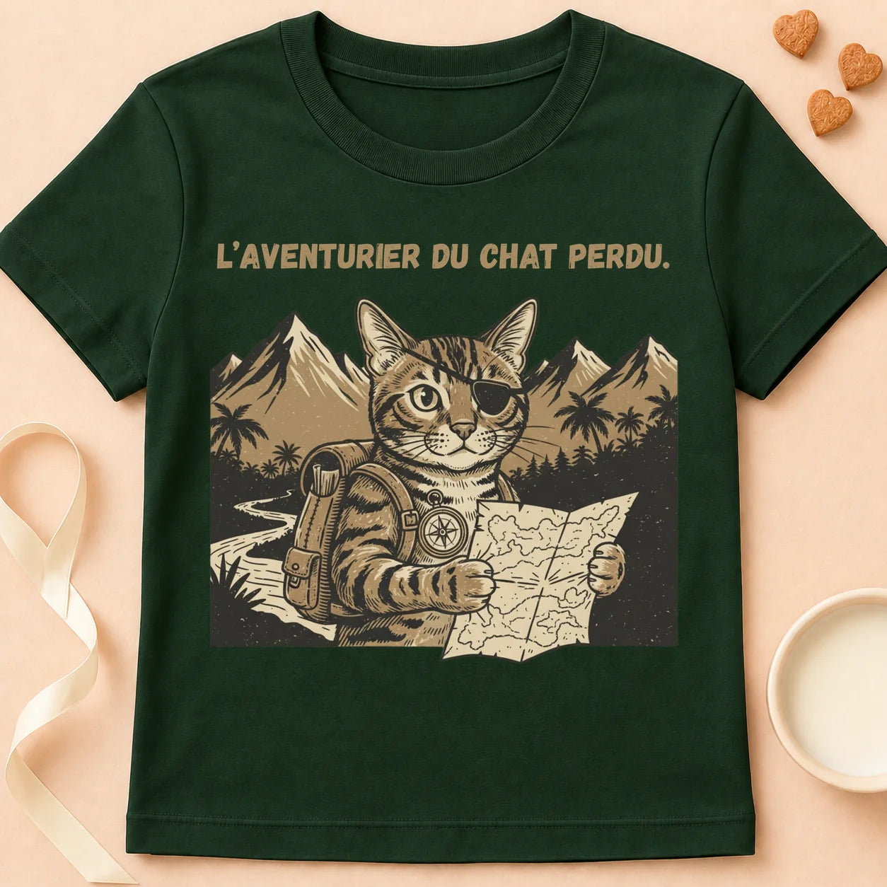 T-shirt chat Patoume – T-Shirt Aventurier – Vert sapin