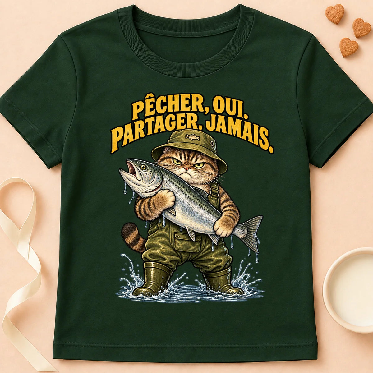 T-shirt chat Patoume – T-shirt Ne partage jamais – Vert sapin