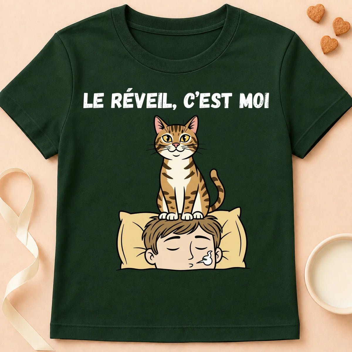 T-shirt chat Patoume – T-Shirt Réveil – Vert sapin