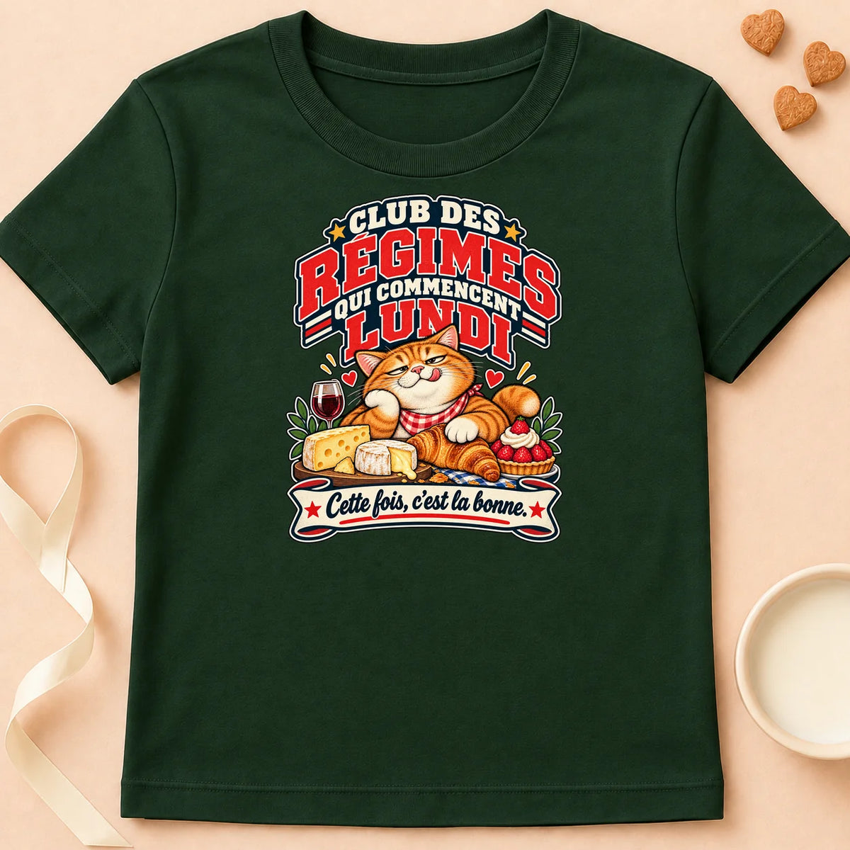 T-shirt chat Patoume – T-shirt Je commence Lundi le régime – Vert sapin
