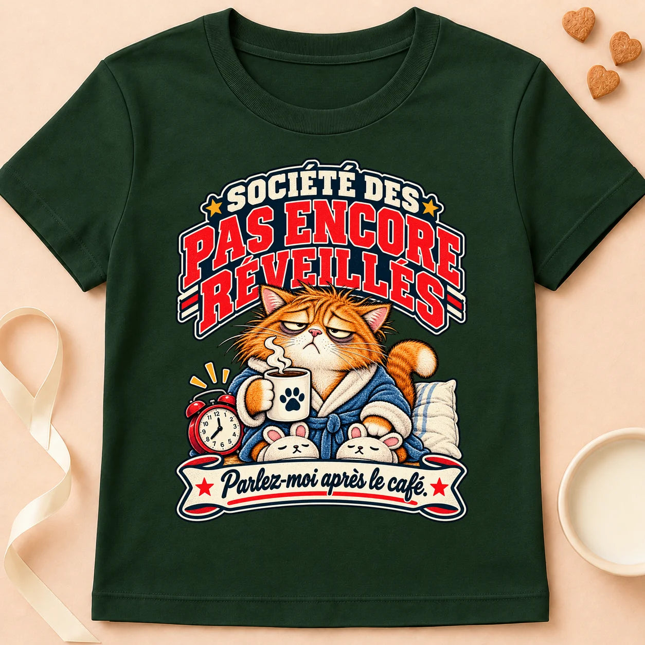 T-shirt chat Patoume – T-shirt Lève-tard – Vert sapin