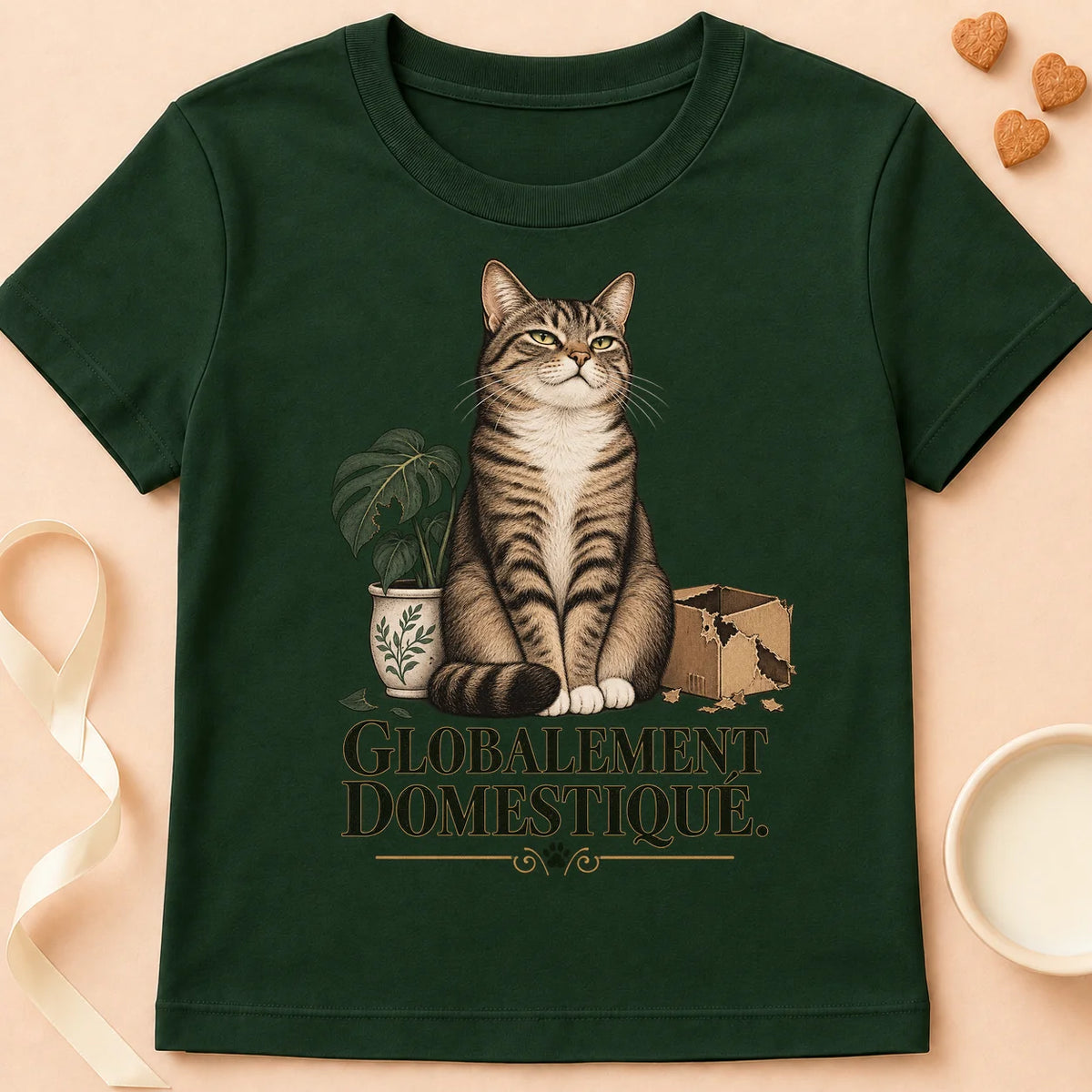 T-shirt chat Patoume – T-shirt Globalement domestiqué – Vert sapin