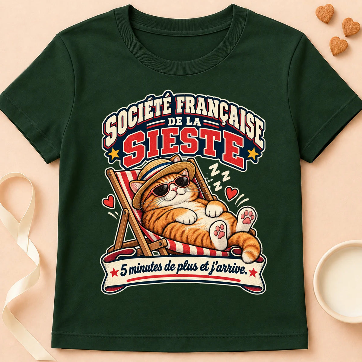 T-shirt chat Patoume – T-shirt Société francaise de la sieste – Vert sapin