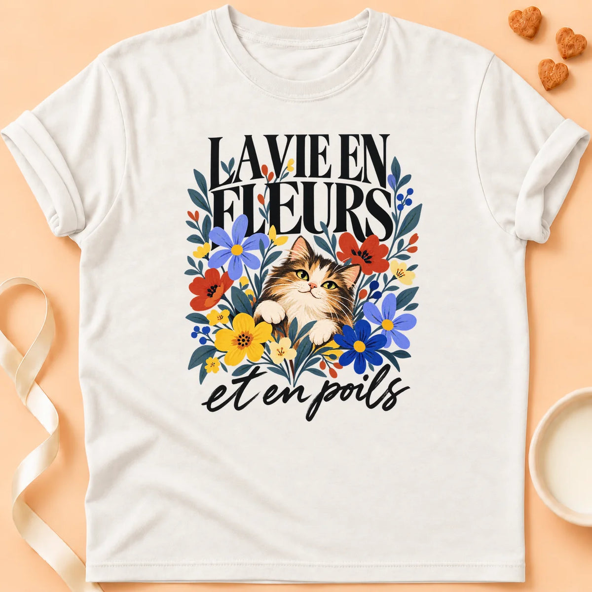 T-shirt chat Patoume – T-shirt La vie en fleurs – Blanc