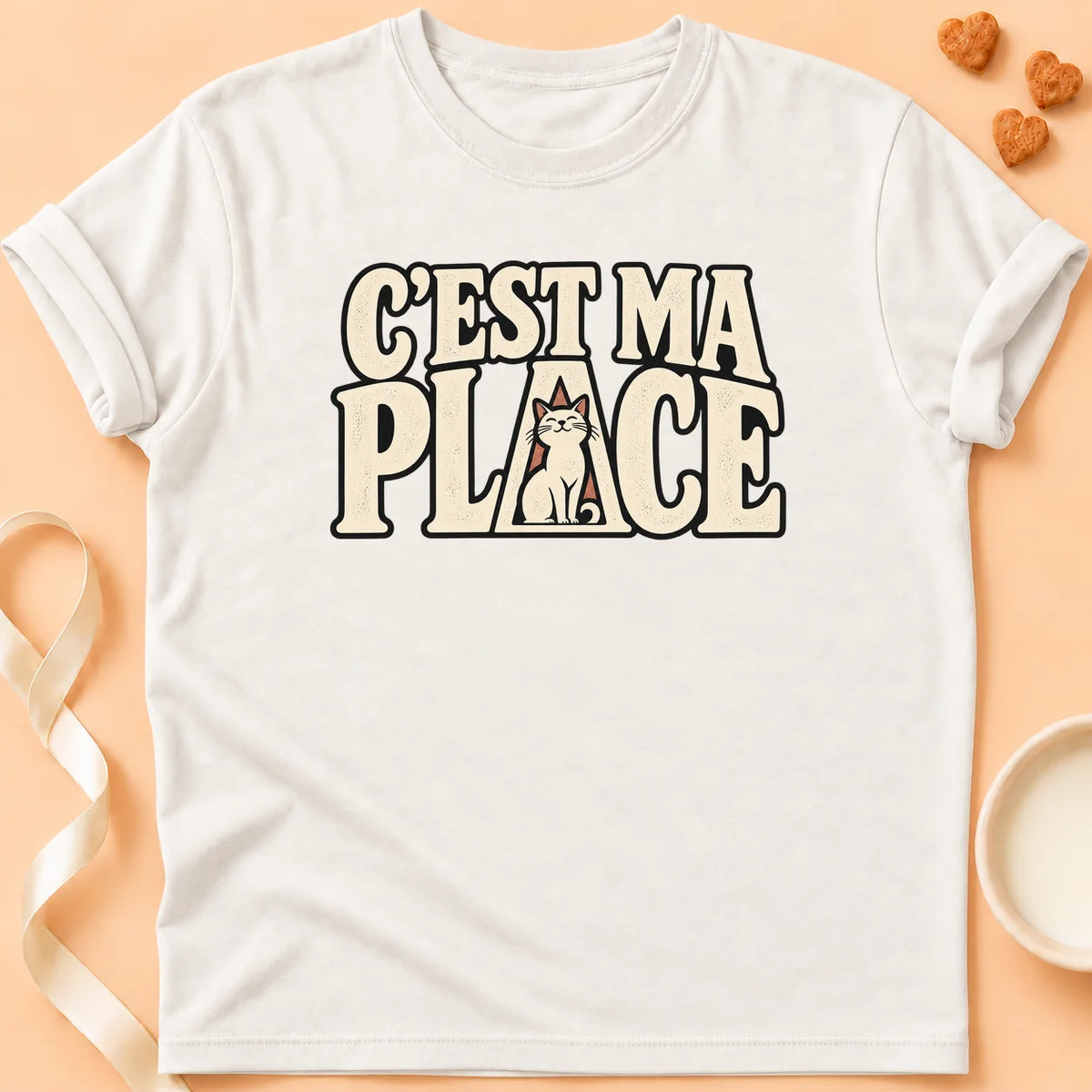 T-shirt chat Patoume – T-shirt C’est ma place – Blanc
