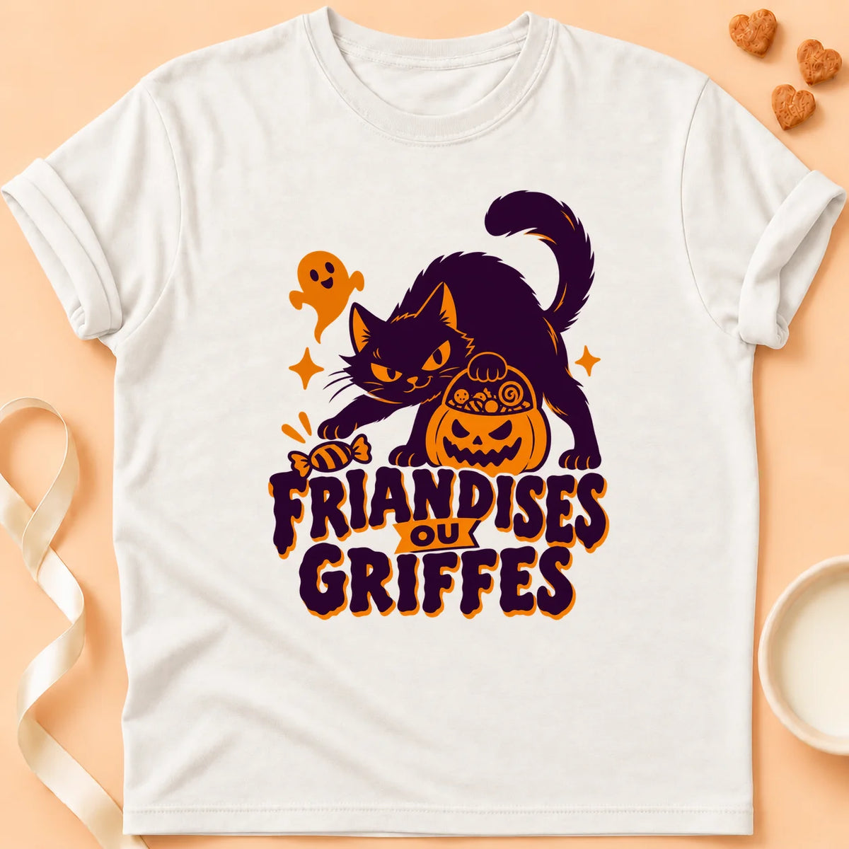 T-shirt chat Patoume – T-shirt Friandises ou griffes – Blanc