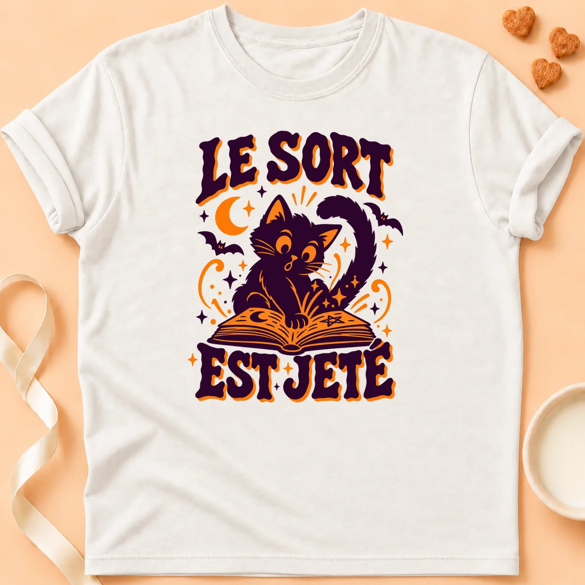 T-shirt chat Patoume – T-shirt Sort jeté – Blanc