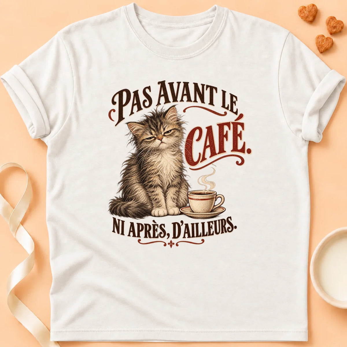 T-shirt chat Patoume – T-shirt Pas avant le café – Blanc
