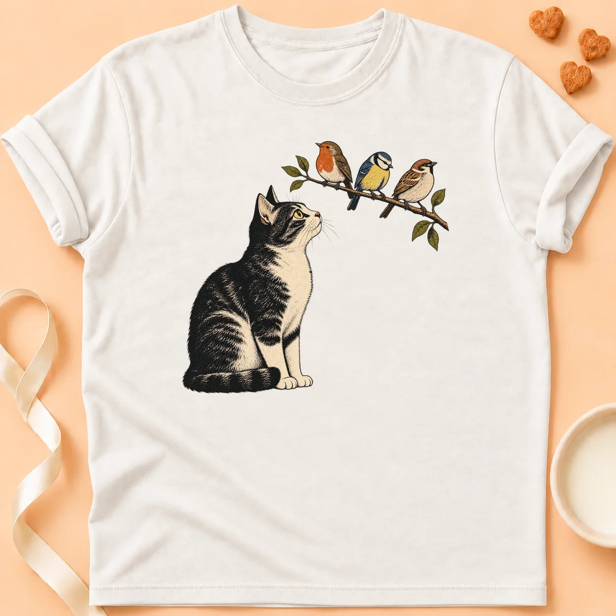 T-shirt chat Patoume – T-shirt Oiseaux – Blanc