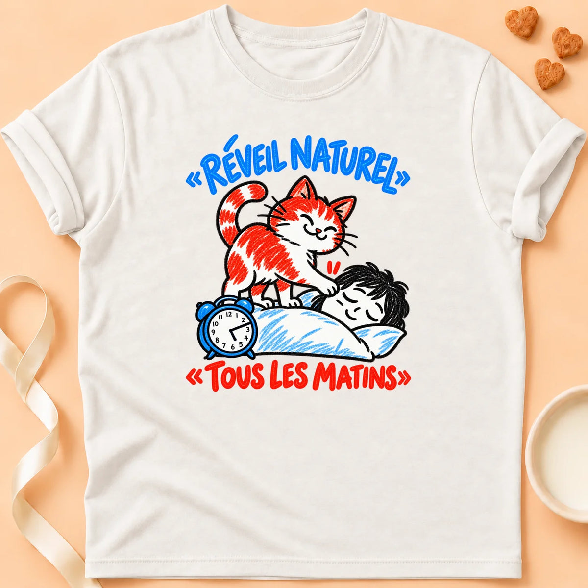 T-shirt chat Patoume – T-shirt Réveil naturel – Blanc
