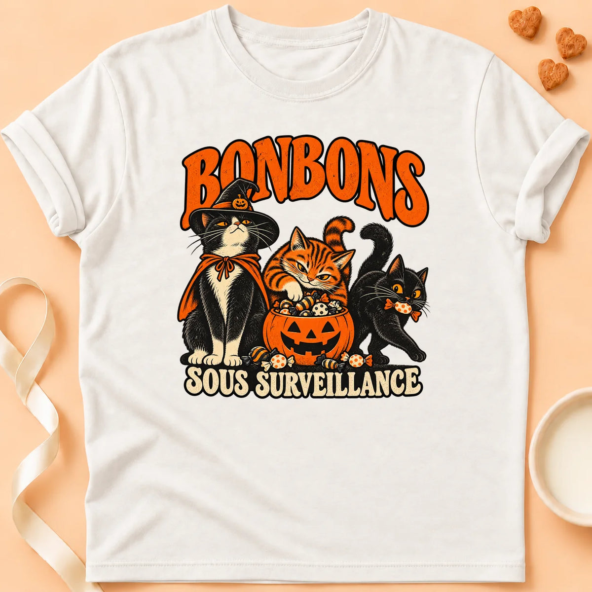 T-shirt chat Patoume – T-shirt Bonbons sous surveillance – Blanc