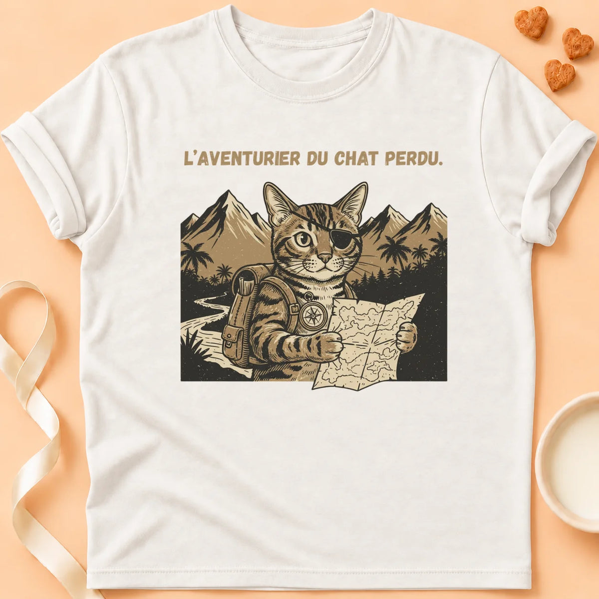 T-shirt chat Patoume – T-Shirt Aventurier – Blanc