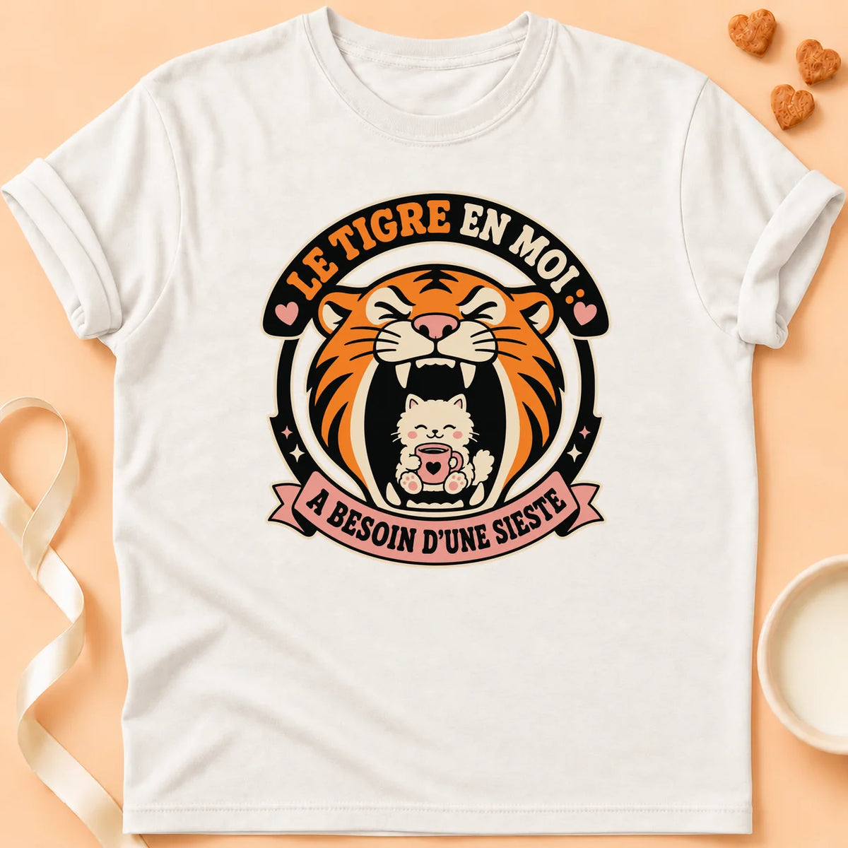 T-shirt chat Patoume – T-Shirt Sieste – Blanc