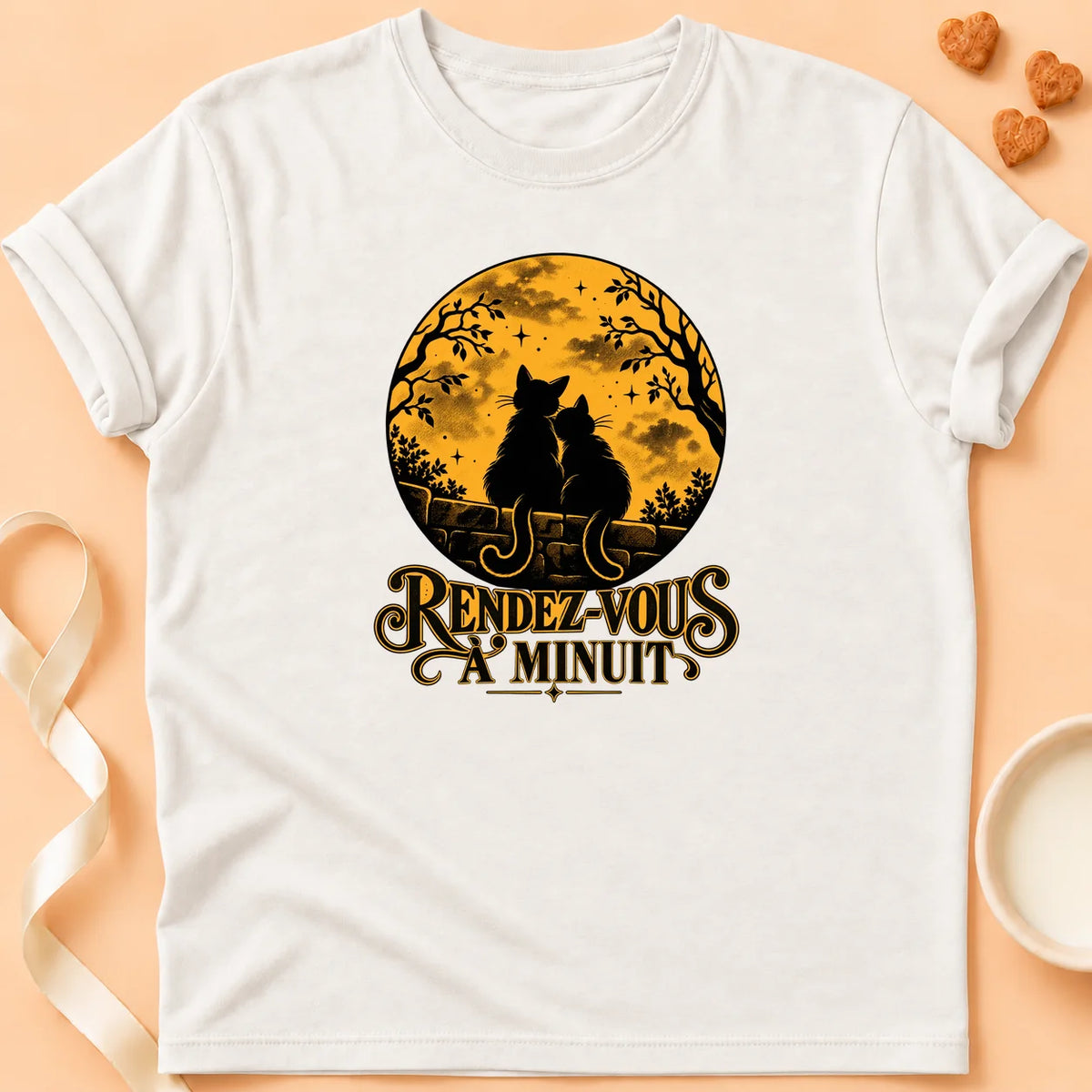 T-shirt chat Patoume – T-shirt Rdv à minuit – Blanc