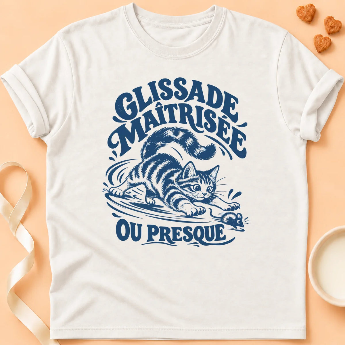 T-shirt chat Patoume – T-shirt Glissade maîtrisée – Blanc