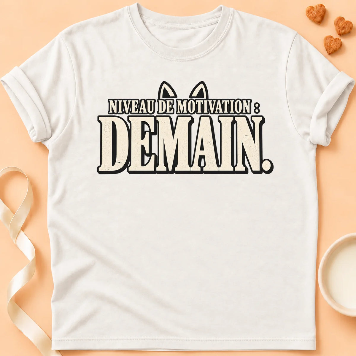 T-shirt chat Patoume – T-shirt Niveau de motivation – Blanc