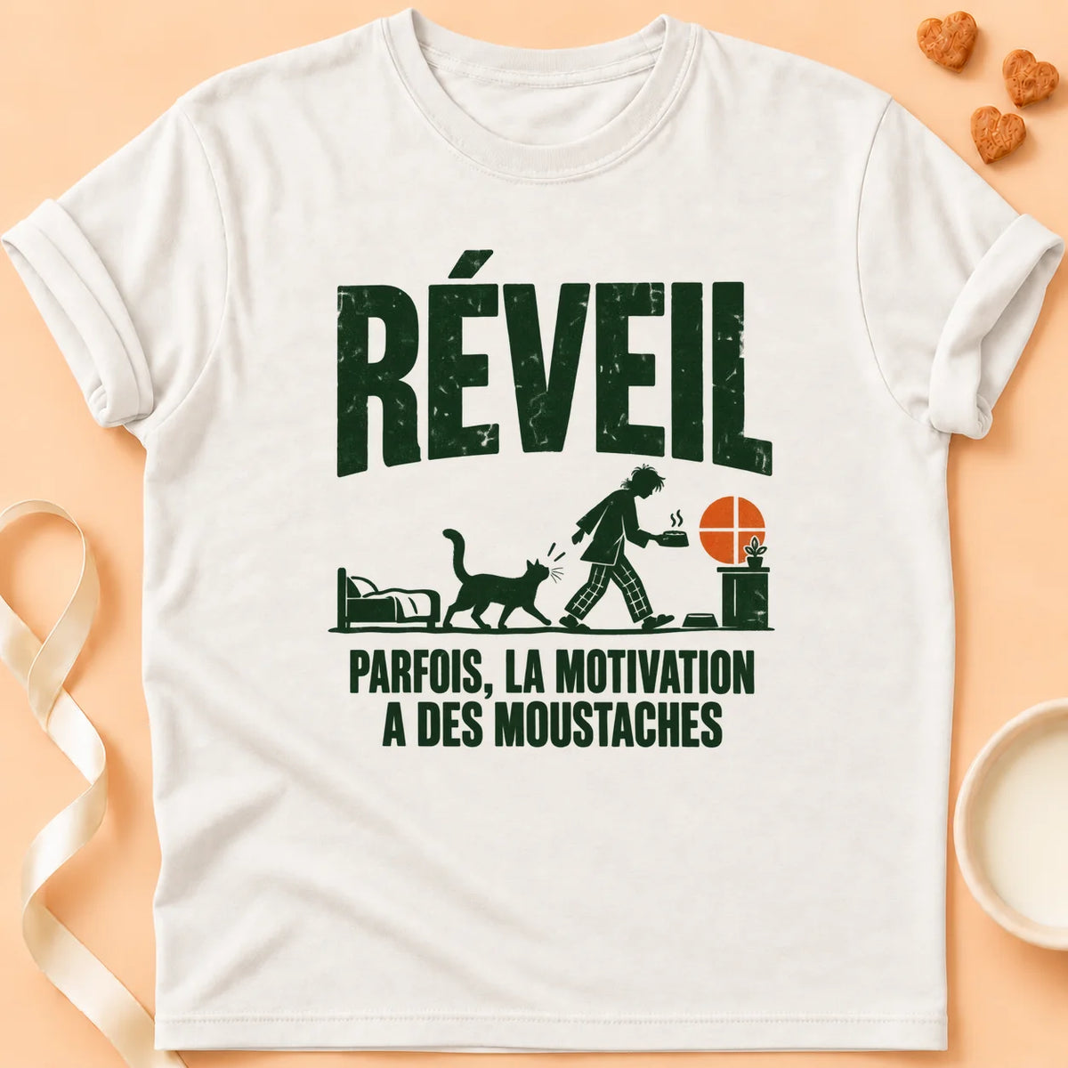 T-shirt chat Patoume – T-shirt La motivation réveil – Blanc