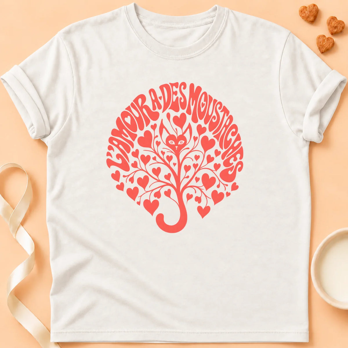T-shirt chat Patoume – T-shirt L’amour a des moustaches – Blanc