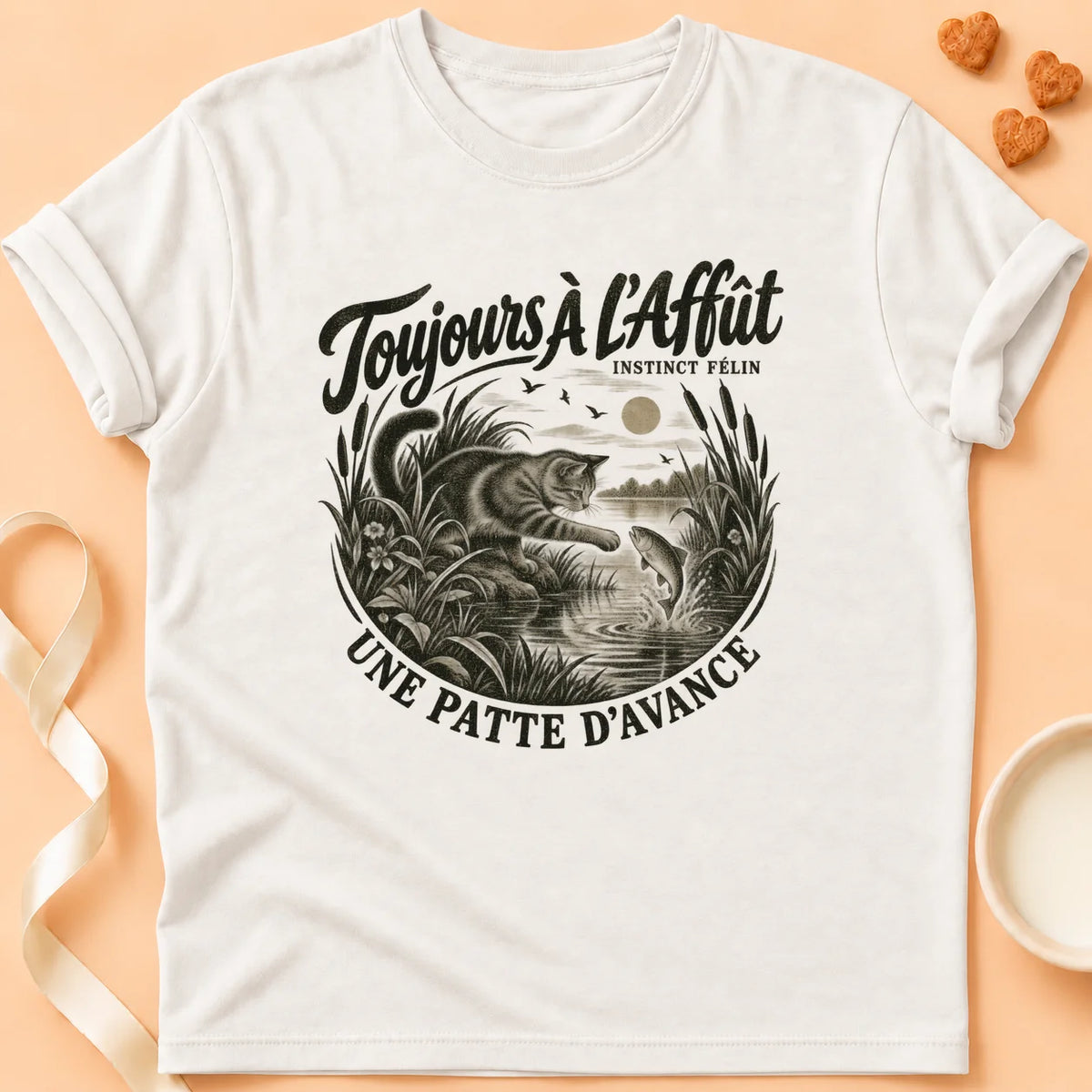 T-shirt chat Patoume – T-shirt Toujours a l’affut – Blanc