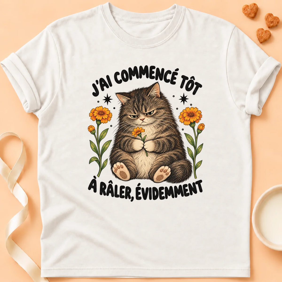 T-shirt chat Patoume – T-shirt Râler – Blanc